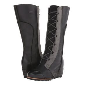 Sorel Cate the Great Wedge Boots 9 Black Leather Lace Up Utility Winter Gear